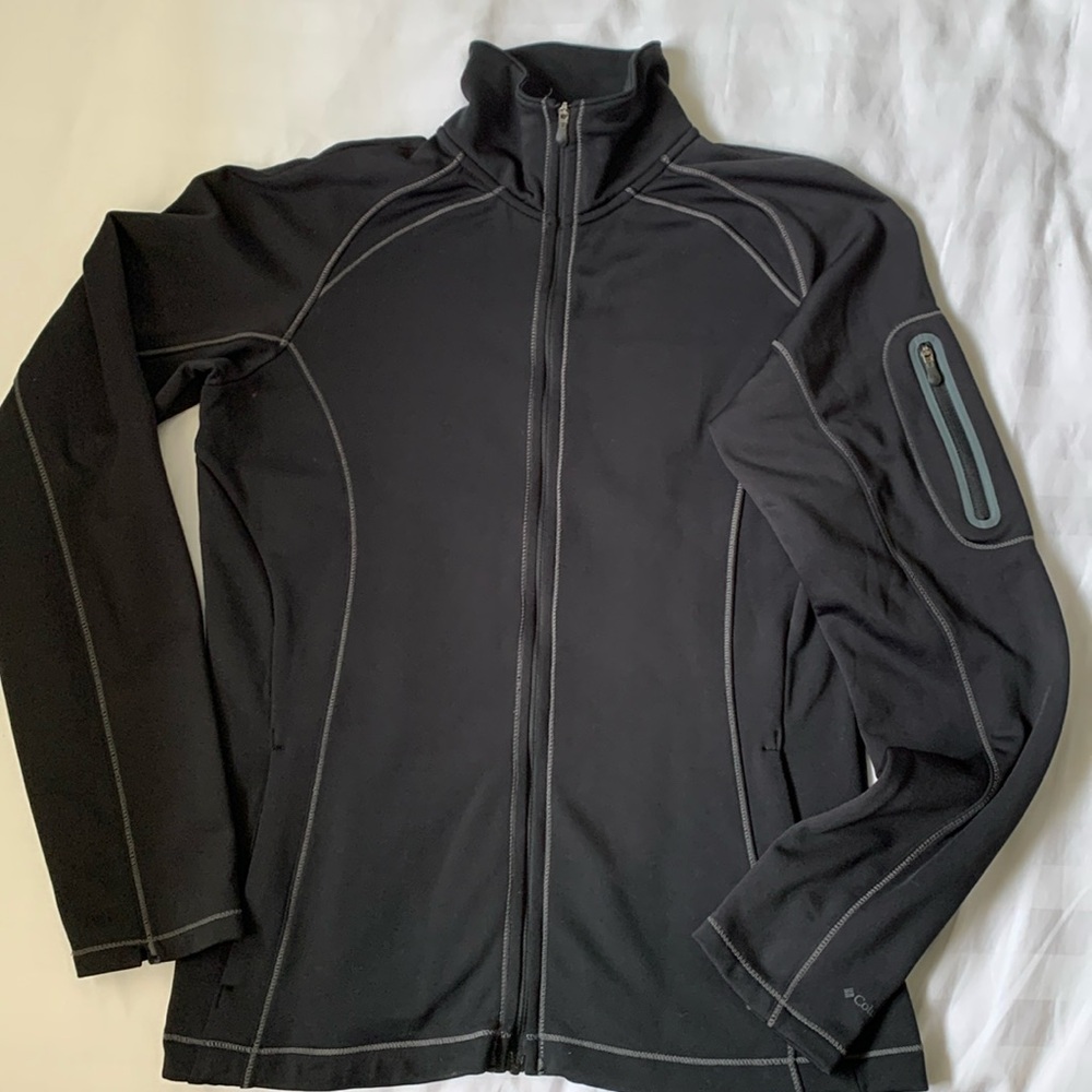 Columbia black fleece lined running jacket grey topstitching arm pocket EUC